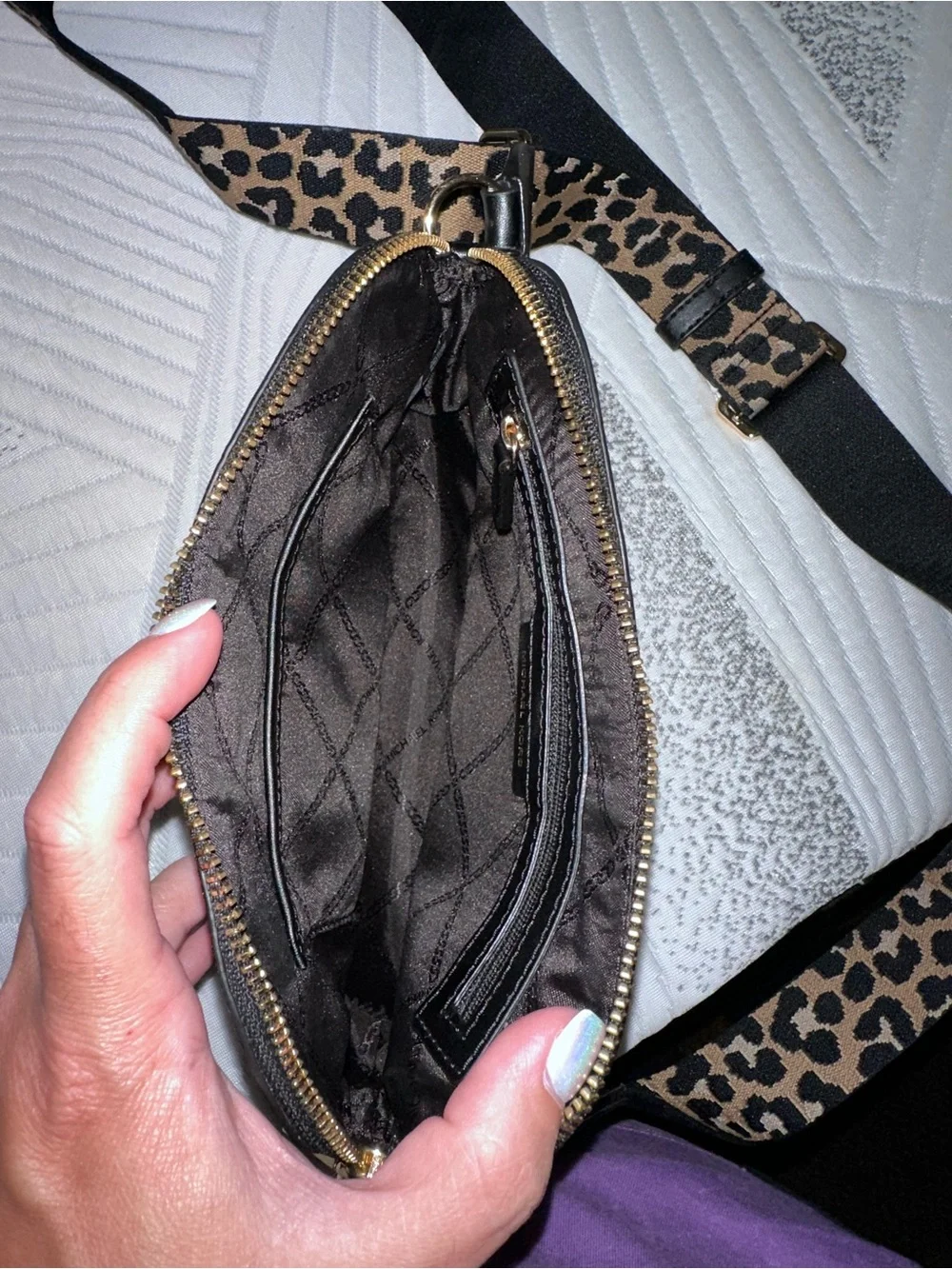 Michael Kors Black Leather Crossbody with Leopard-Print Strap